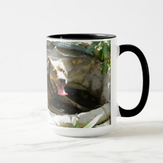 Cão que refrigera na caneca da água