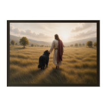 Cão Terra Nova caminhando com Jesus