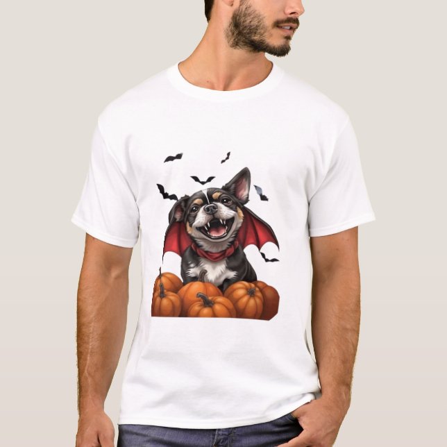 Cão Vampiro de Halloween com Abóboras T-Shirt Clás (Frente)