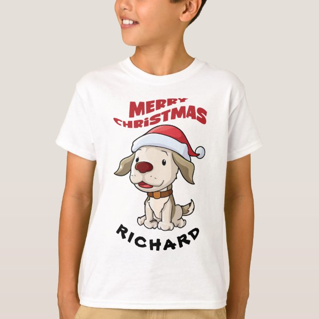 Cãozinho doce Merry Natal personalizado T-Shirt (Frente)