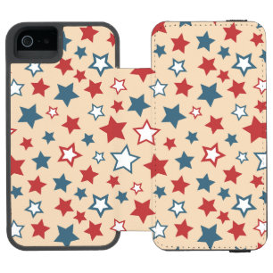 Capa Carteira Incipio Watson™ Para iPhone 5 Estrelas Vermelhas e Azuis, 4 de Julho, Fundo Bege