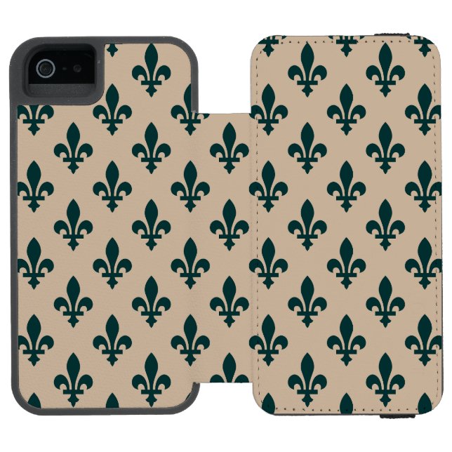 Capa Carteira Para iPhone, Incipio Fleur de Lis Pattern, Real Verde Francês em Creme (Fólio aberto)