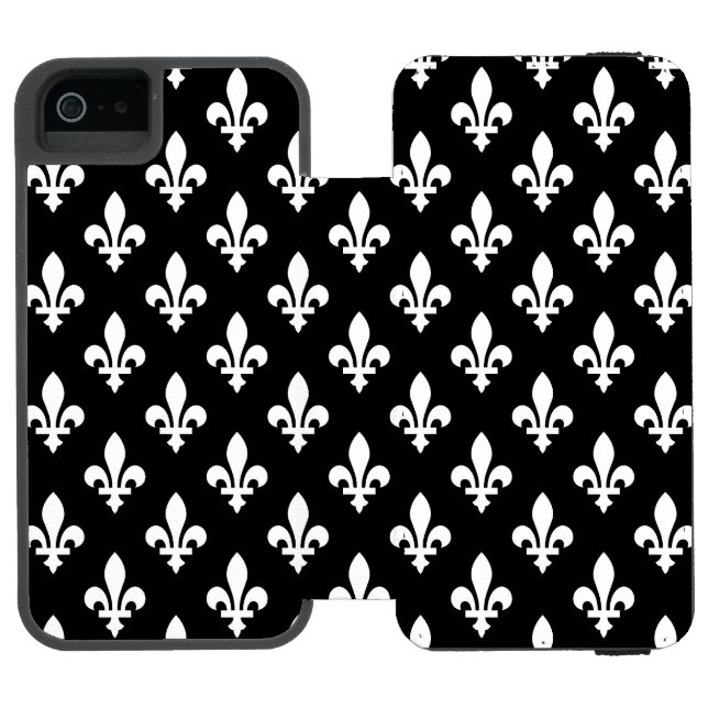 Capa Carteira Para iPhone, Incipio Fleur de Lis Pattern, Royal French, branco a preto (Fólio aberto)