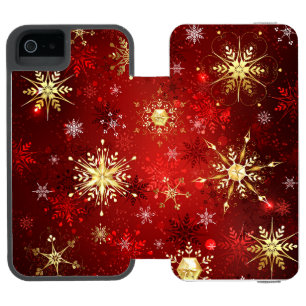 Capa Carteira Incipio Watson™ Para iPhone 5 Flocos de neve do Ouro de Natal em Fundo Vermelho