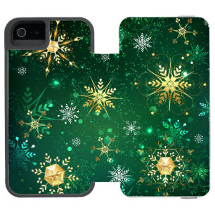 Capa Carteira Incipio Watson™ Para iPhone 5 Flocos de neve do Ouro Xmas em fundo verde