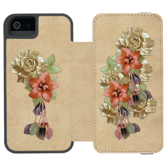 Capa Carteira Para iPhone, Incipio Flores de Couro em Suede Creme (Fólio aberto)