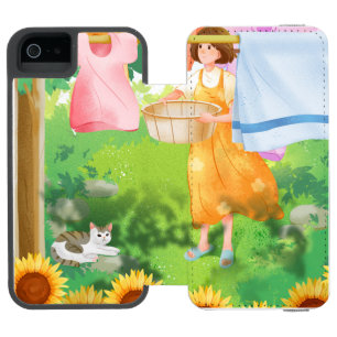 Capa Carteira Incipio Watson™ Para iPhone 5 Garota Fofa Pendurando Roupa no Jardim de Girassói