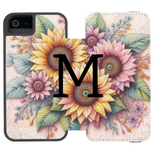 Capa Carteira Para iPhone, Incipio Monogram lace floral pink yellow orange sunflowers (Fólio aberto)