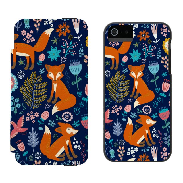 Capa Carteira Para iPhone, Incipio Raposas Vermelhas e Flores Coloridas (Lado a lado)