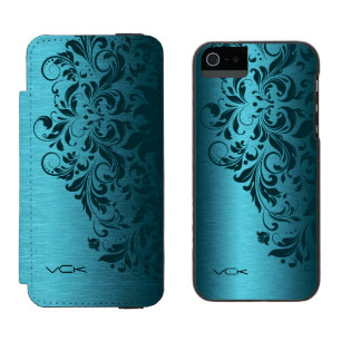 Capa Carteira Incipio Watson™ Para iPhone 5 Textura Metálica Azul Turquesa e rendas Vermelhas 