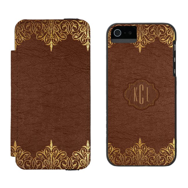 Capa Carteira Para iPhone, Incipio Vintage Brown Leather & Floral Dourada Lace Frame (Lado a lado)