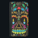 Capa Carteira Para Samsung Galaxy S5 Acentos Coloridos De Glitter Crânio De Açúcar Retr<br><div class="desc">Legal textura retrógrada e colorida do crânio esbranquiçado,  com tons de ouro acentos,  queimando velas para os olhos. Fundo preto</div>