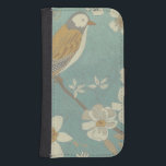 Capa Carteira Para Samsung Galaxy S4 Amarelo, Cinza e pássaro bege Empoleirado em uma r<br><div class="desc">Chariklia Zarris é conhecida por suas peças de abstrato. Nesse desenho de um perfil de pássaro sobre fundo azul-teta,  ela capturou a simplicidade do pássaro. As flores brancas acrescentam um toque romântico. Personalize seu produto Zazzle favorito usando esta bela imagem.</div>