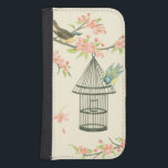 Capa Carteira Para Samsung Galaxy S4 Aves Pequenas Empoleiradas em uma ramificação e em<br><div class="desc">Nancy Slocum pintou muitas aves ao longo dos anos. Essa imagem retrata dois pequenos pássaros azuis e amarelos perdidos em um galho cercado por flores cor-de-rosa e que parecem curiosos sobre uma gaiola. Consiga esta legal peça de arte sobre pássaros no seu produto Zazzle hoje.</div>