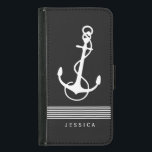 Capa Carteira Para Samsung Galaxy S5 Bandas Negras E Brancas E Âncora Náutica De Barcos<br><div class="desc">Âncora náutica branca com listras brancas decorativas e monograma personalizável,  sobre fundo preto. Se precisar de ajuda para personalizar qualquer um dos meus designs,  entre em contato com o designer do ArtOnWear. Formatação de texto livre com ajuda ao vivo disponível por solicitação.</div>