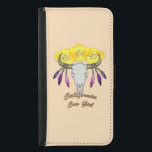 Capa Carteira Para Samsung Galaxy S5 California Boho Cowgirl<br><div class="desc">Esta design apresenta um crânio de búfalo detalhado que simboliza força e uma conexão com a natureza, adornada com flores de papo amarelo-ouro da Califórnia e penas coloridas em roxo e rosa. O texto da "Garota da Vaca da Califórnia" na fonte cursiva na moda enfatiza o tema. Combinando estilos ocidentais...</div>