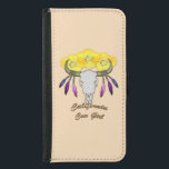 Capa Carteira Para Samsung Galaxy S5 California Boho Cowgirl<br><div class="desc">Esta design apresenta um crânio de búfalo detalhado que simboliza força e uma conexão com a natureza, adornada com flores de papo amarelo-ouro da Califórnia e penas coloridas em roxo e rosa. O texto da "Garota da Vaca da Califórnia" na fonte cursiva na moda enfatiza o tema. Combinando estilos ocidentais...</div>