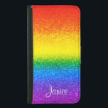Capa Carteira Para Samsung Galaxy S5 Chic Rainbow Glitter Strike Monograma Nome<br><div class="desc">Carregar esta maleta LGBT personalizada e brilhante para mostrar seu suporte. O design striped do arco-íris chic inclui tons de vermelho,  laranja,  amarelo,  verde,  azul e roxo em brilho falso e brilhos com seu nome em roteiro branco para personalizar. Mostre seu orgulho!</div>