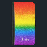 Capa Carteira Para Samsung Galaxy S5 Chic Rainbow Glitter Strike Monograma Nome<br><div class="desc">Carregar esta maleta LGBT personalizada e brilhante para mostrar seu suporte. O design striped do arco-íris chic inclui tons de vermelho,  laranja,  amarelo,  verde,  azul e roxo em brilho falso e brilhos com seu nome em roteiro branco para personalizar. Mostre seu orgulho!</div>