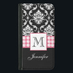 Capa Carteira Para Samsung Galaxy S5 Diamantes Pretos Rosa Personalizados<br><div class="desc">Personalizada com seu nome e monograma,  esta Cor damasco preta e branca com uma imagem impressa de diamante em uma banda rosa ou listras é uma engraçada design perfeita para ela,  a modista. Elke Clarke</div>