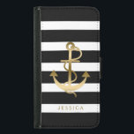 Capa Carteira Para Samsung Galaxy S5 Dourada faixa branca e negra Ancoragem náutica a b<br><div class="desc">Padrão de listras brancas e pretas com tons dourados ilustração de âncora náutica de barco. Monograma personalizável. Tamanho da âncora ajustável.</div>