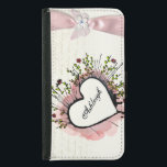 Capa Carteira Para Samsung Galaxy S5 Fita cor-de-água rosa, personalizada<br><div class="desc">Coração aquosa com flores de rabisco em papel esmaecido com escrevendo de guião de longa duração.
Fita cor-de-rosa com embelezamento de flores,  borboletas e joias.
Use a modelo para personalizar com seu nome ou mensagem na fonte de gradação de script preto.</div>