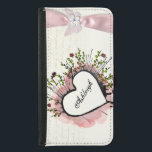 Capa Carteira Para Samsung Galaxy S5 Fita cor-de-água rosa, personalizada<br><div class="desc">Coração aquosa com flores de rabisco em papel esmaecido com escrevendo de guião de longa duração.
Fita cor-de-rosa com embelezamento de flores,  borboletas e joias.
Use a modelo para personalizar com seu nome ou mensagem na fonte de gradação de script preto.</div>