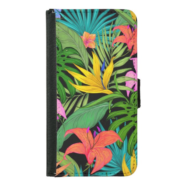Capa Carteira Para Samsung Galaxy Flor tropical e folha de palma Havaí colorida (Frente)