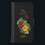 Capa Carteira Para Samsung Galaxy S4 Flores Elegantes e Rolos Dourados<br><div class="desc">Cor rica das rosas vermelhas amarelas e azuis,  e várias flores brancas e azuis com folhas douradas e rolhas sobre fundo preto.</div>