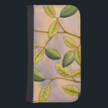 Capa Carteira Para Samsung Galaxy S4 Folhas verdes e amarelas no fundo do sol<br><div class="desc">O púrpura e o ouro de fundo solar é o contraste perfeito com as folhas amarelas e verdes que são o foco desta peça por Megan Meagher. Quase se pode ouvir o vento cantar enquanto ele gentilmente acariciava as folhas.</div>