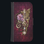 Capa Carteira Para Samsung Galaxy S4 Girly Steampunk<br><div class="desc">design a steampunk legal,  com brilho cinzento,  com rosas,  espirais metálicos e joias em fundo de burgandia profundo. Os efeitos dimensionais são obtidos digitalmente,  o produto real tem superfície plana.</div>