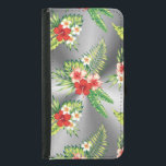 Capa Carteira Para Samsung Galaxy S5 Hibisco tropical colorido e prata de fundo<br><div class="desc">Legal flores tropicais de hibisco coloridas,  sem costura,  sobre fundo impressão metálico de cinza prateada. O brilho de prata é uma ilusão digital e não um brilho real.</div>