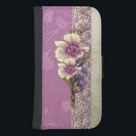 Capa Carteira Para Samsung Galaxy S4 Lilac Damask Elegante<br><div class="desc">Lilac e damasco prateado com brilho brilhante com ornamentado de borda floral e flores vetoras tropicais em lilás e marfim. Nota: Efeitos esculpidos,  gravados,  gravados e dimensionais,  aspecto em camadas,  envelhecido ou corroído,  texturas e sombras obtidas digitalmente. O produto tem uma superfície plana.</div>