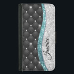 Capa Carteira Para Samsung Galaxy S5 Moedas cinzentas prateadas Monograma preto de lágr<br><div class="desc">Glitter aqua e rochas bonito chic e elegante cinza-azul-turquesa-prateada aqua, brilhando com design preto tufado para criar uma caixa na moda única especial para proteger seu dispositivo. Belo, moderno e legal cobrir para o modesto conhecedor de tendências e adepto da arte. Este na moda sofisticado design seria excelente para meninas...</div>