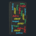 Capa Carteira Para Samsung Galaxy S5 Nomes repetitivos, personalizados<br><div class="desc">Este gabinete personalizado de estilo de carteira para o Samsung Galaxy S5 é decorado com um nome, repetindo em diferentes fontes e cores primárias. Que maravilhoso complemento para seu novo celular. As cores são vermelha, azul, verde e amarela em um fundo preto. É fácil mudar o nome - mudar num...</div>