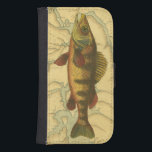 Capa Carteira Para Samsung Galaxy S4 Perch Amarelo no Mapa<br><div class="desc">Esta impressão ilustra um quadro artístico de um peixe-perca amarelo. O plano de fundo exibe um mapa geográfico antigo em cores bege claro. A estrutura marrom se assemelha a um padrão antigo de madeira com flores amarelas-vermelhas nas bordas. Um excelente extra para a sua coleção de pesca!</div>