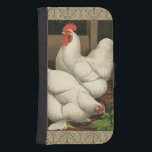 Capa Carteira Para Samsung Galaxy S4 Roosters & Hen fora da Hen House com Borda Branca<br><div class="desc">Um impressão de arte rústica exibindo um galo vigoroso e uma galinha em uma casa de galinha. A borda darc é um padrão composto por elementos espirais. Esta impressão seria uma grande adição a uma decoração de casa rural.</div>
