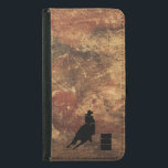 Capa Carteira Para Samsung Galaxy S5 Silhueta de Barrel Racing Girl em uma textura verd<br><div class="desc">Ilustração tematizada de rodeio excitante e rústico. Silhueta de um barril de cowgirl correndo com seu cavalo. O fundo é uma textura áspera,  marrom-curanhada e vermelha,  verde-seca,  verde-verde. Excelente para entusiastas de rodeios e amantes de cavalos.</div>