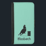 Capa Carteira Para Samsung Galaxy S5 Tema de Rodeio Personalizado Cowgirl Barrel Racer<br><div class="desc">Silhueta de um barril de galinha atlética correndo com seu cavalo. Impressionante ilustração de ação rodeada. O fundo é uma cor verde da menta. Excelente para fãs de rodeios e amantes de cavalos. Personalize com um nome.</div>