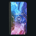 Capa Carteira Para Samsung Galaxy S5 Tinta Líquida Violeta Vermelha Roxa Azul, Monogram<br><div class="desc">Um design de Tinta Líquida Azul,  Roxo e Violeta Vermelha com Monograma e Nome Branco personalizados em azul escuro e círculo dourado.</div>