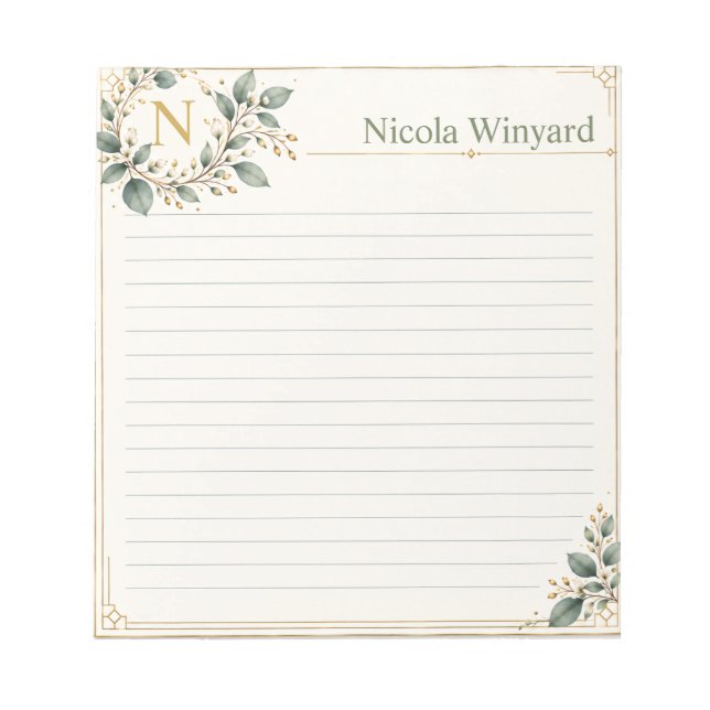 Capa de Bloco de Notas com Inicial Botânica & Nome (Frente)