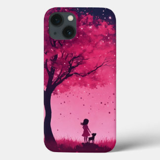 Capa de iphone 13 com árvore rosa e estrelas