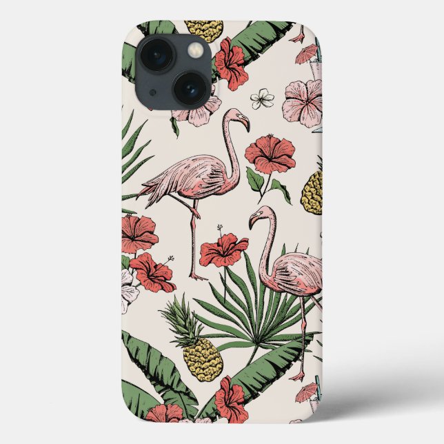 Capa de iPhone 13 Floral Tropical Flamingo Rosa (Verso)