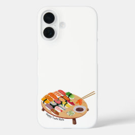 Capa de iPhone 16 com Prato de Sushi Fofo e Feliz 