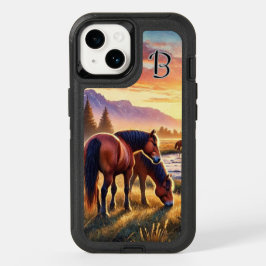 Capa de iPhone Cavalos Selvagens Monograma ao Pôr