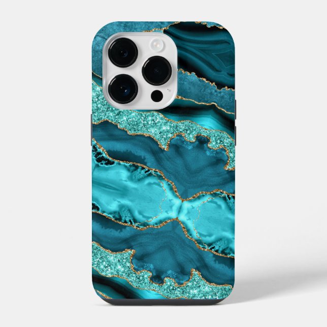 Capa de iPhone com Brilho Dourado Azul Turquesa (Verso)