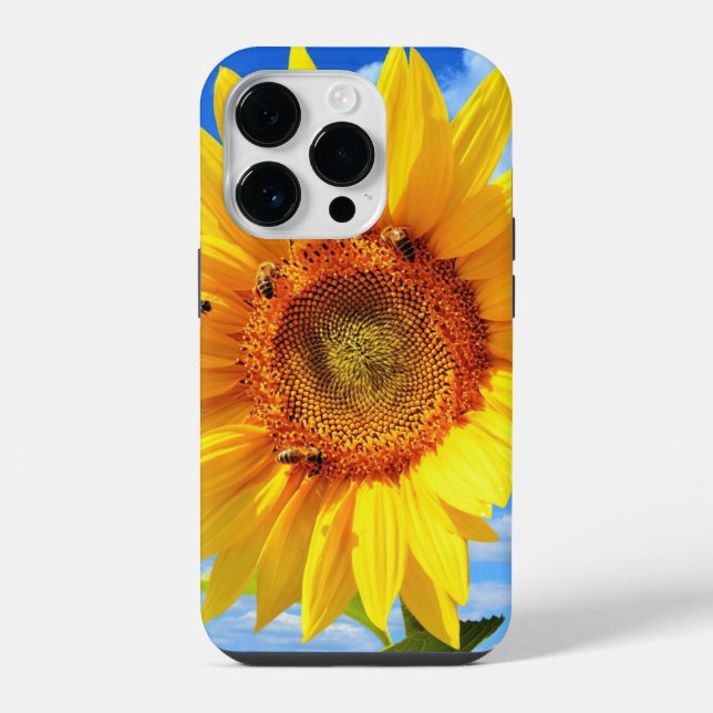 Capa de iPhone com Girassol e Abelhas no Céu Azul  (Verso)