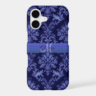 Capa de iPhone Monograma Vintage Azul Damask