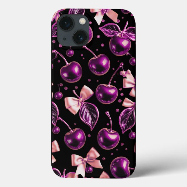Capa de iPhone Preta com Padrão Cereja Glossy Roxo (Verso)