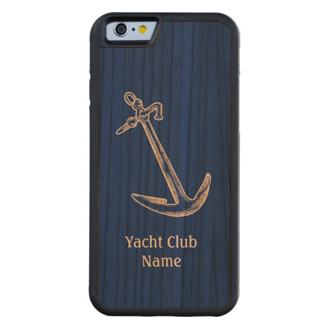 Capa De Madeira Para iPhone, Carved Anchor Yacht Club Nome Modelo Blue Wood (Verso)